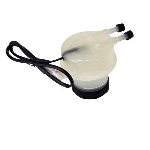 The Brake Reservoir by CF Moto features translucent plastic, a black screw cap, dual hose fittings on top, and an attached black electrical cable—making it the ideal Off Road OEM replacement for your CF-Moto UTV.