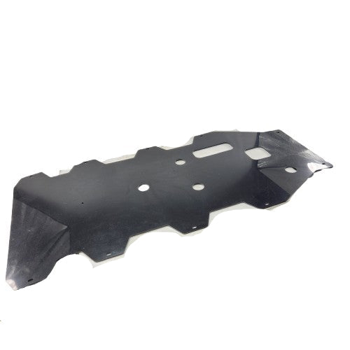 The Rear Middle Skid Plate by CF Moto, featuring a black metal build with angular edges and multiple cutouts, is designed for UTV underbody protection and is displayed against a white background.