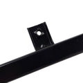 Close-up of the Rear LH Door Rear Glass Guide Rail by CFMOTO, a black metal bar featuring a small vertical bracket with a central circular hole, designed for secure mounting or attachment.