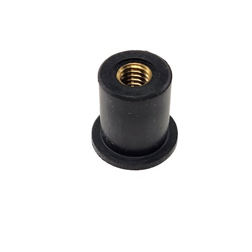 The Wellnut, 6 Mm X 1.0 Mm by Polaris is a black cylindrical rubber nut with a brass insert for secure fastening and vibration damping—perfect as an ATV off-road accessory or replacement part for Polaris UTVs.