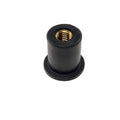 The Wellnut, 6 Mm X 1.0 Mm by Polaris is a black cylindrical rubber nut with a brass insert for secure fastening and vibration damping—perfect as an ATV off-road accessory or replacement part for Polaris UTVs.