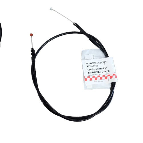 A coiled Victory Throttle Pull Cable Stealth Black by Barnett with metal ends rests on a white background. It features a white tag with red and black text, perfect for Victory motorcycles or pairing with matching clutch cables.