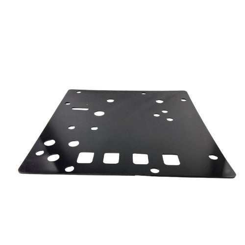 The Rear Protector Plate by Can-Am is a flat, black metal plate with round and rectangular cutouts—perfect for your ATV, shown from a low angle on a white background.