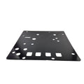 The Rear Protector Plate by Can-Am is a flat, black metal plate with round and rectangular cutouts—perfect for your ATV, shown from a low angle on a white background.