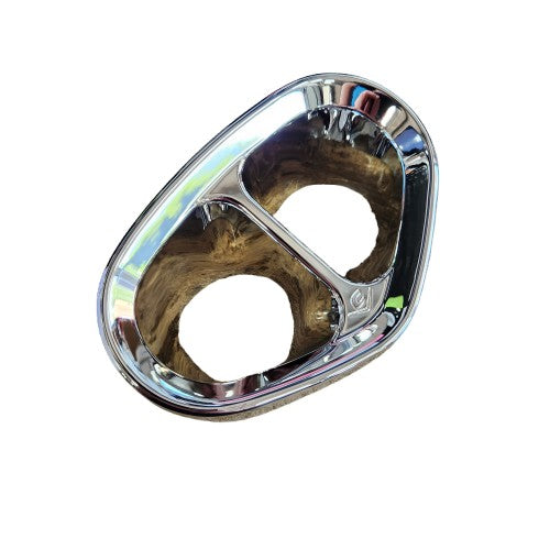 A glossy, oval-shaped chrome Tri Oval Exhaust Tip by Cobra USA features two large circular openings, echoing the sleek style of classic exhaust tips, and is displayed against a plain white background.