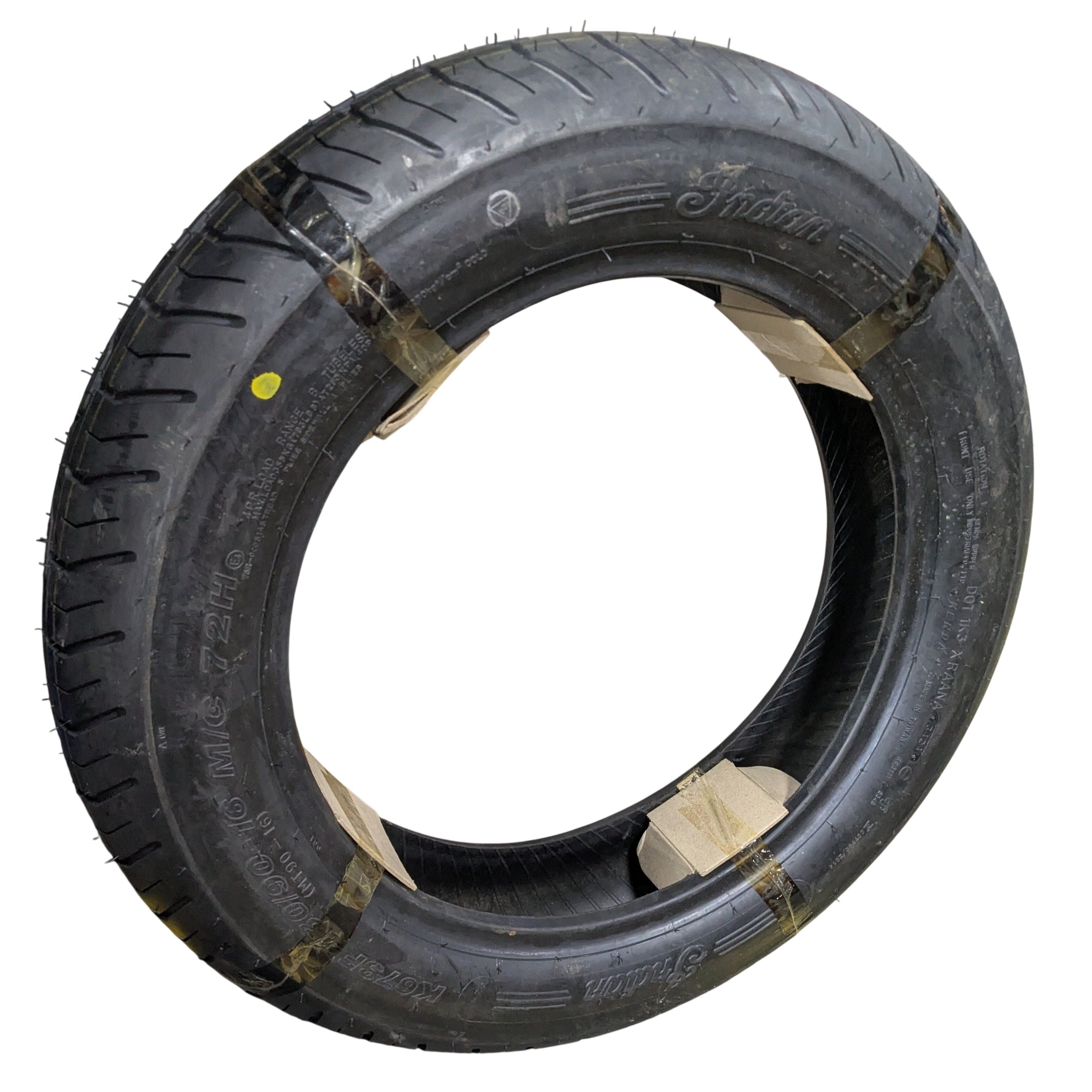 Black 130/90-16 motorcycle front tire with tread pattern, new and unmounted.