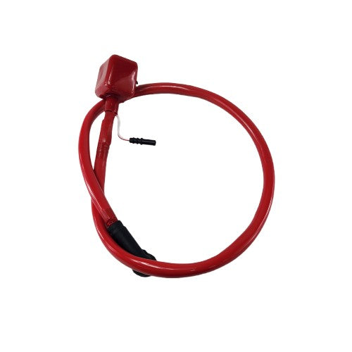 The Wire-Lead,Battery(+) by Kawasaki is a red cable with a square lock mechanism on one end and a black tip on the other, coiled in a circle—perfect for securing your OEM Kawasaki parts.