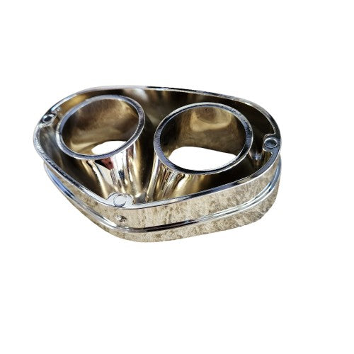 Shiny chrome Tri Oval Exhaust Tips by Cobra USA feature two circular openings and a smooth, polished finish—ideal for enhancing the look of any automotive exhaust system.