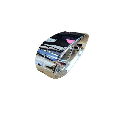 A shiny, modern silver ring with a wide, polished band and geometric design evokes the smooth finish of Cobra USAs Tri Oval Exhaust Tips-Chrome, photographed against a white background.