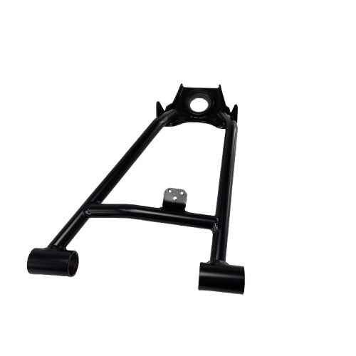 The Weld-A-Arm, Frt, Upper, Rh, M.Blk by Polaris is a black metal control arm shaped like an A with mounting points and a central bracket, perfect as Polaris OEM ATV off-road replacement part. Isolated on white background.
