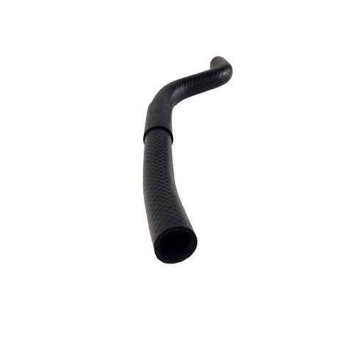 Black flexible rubber radiator hose with curved shape and textured surface.