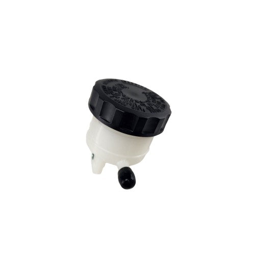 A compact white plastic reservoir with a black screw-on cap and two bottom hose connectors, designed for brake or clutch fluid. Works as part of the Kit, Tank Set by Polaris for Victory motorcycle OEM parts.