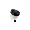 A compact white plastic reservoir with a black screw-on cap and two bottom hose connectors, designed for brake or clutch fluid. Works as part of the Kit, Tank Set by Polaris for Victory motorcycle OEM parts.