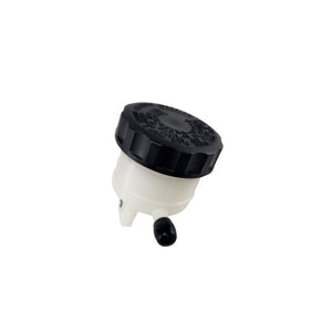 A compact white plastic reservoir with a black screw-on cap and two bottom hose connectors, designed for brake or clutch fluid. Works as part of the Kit, Tank Set by Polaris for Victory motorcycle OEM parts.