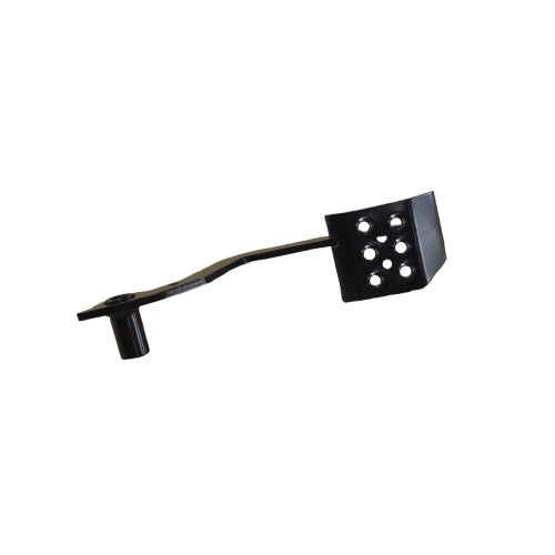 Black welded metal brake pedal with perforated rectangular footpad and cylindrical mounting end.