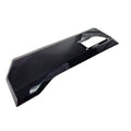 A glossy, angular Nebula Black Rear LH Door Deco Plate by CFMOTO for ATV, featuring a large cutout on one end, is shown against a white background.