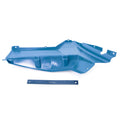 Blue molded plastic rear cargo box panel side part with mounting points and angular design.