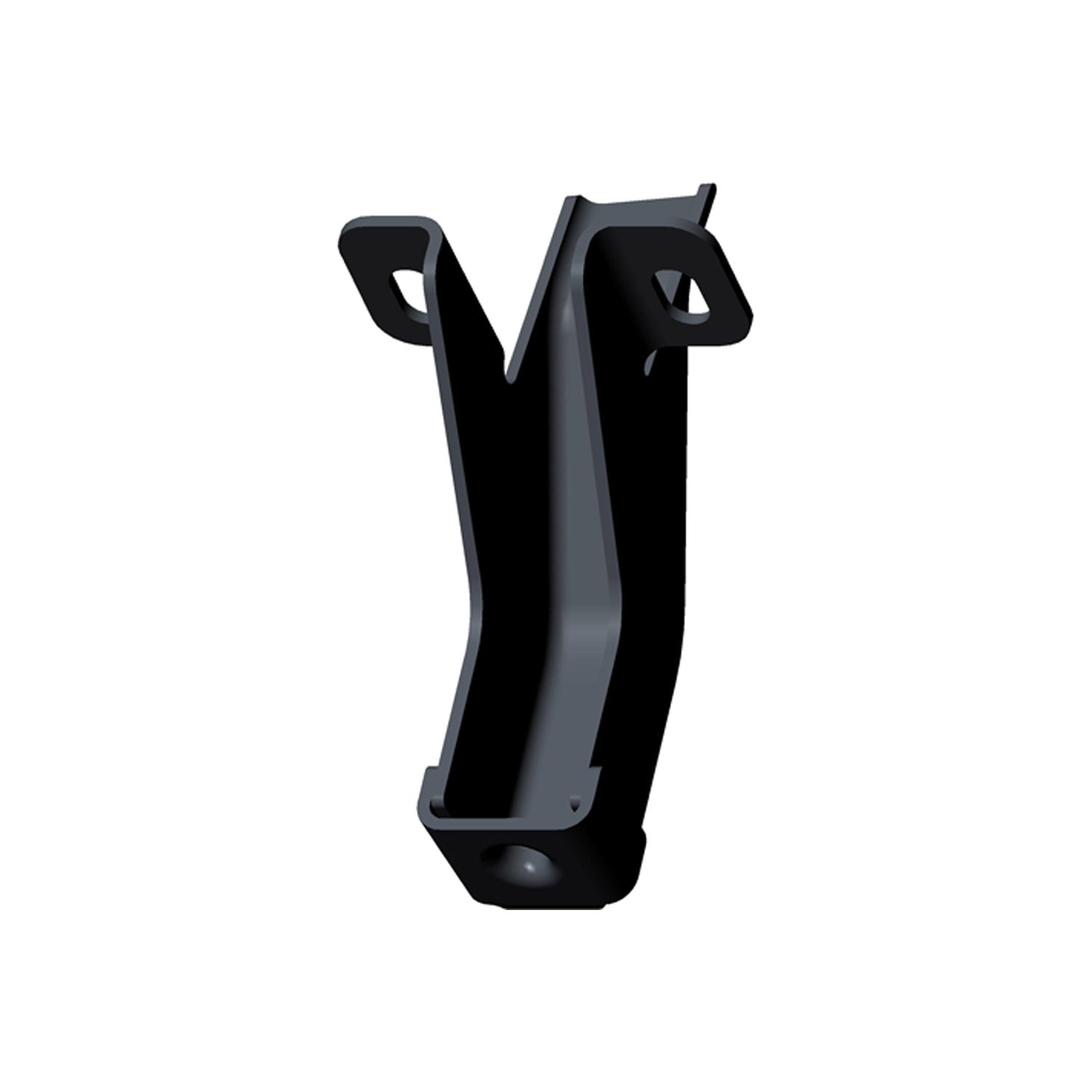 Black metal front support rack weld bracket with angled arms and mounting hole at the base.