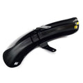 Glossy black curved motorcycle front fender with mounting brackets and smooth finish.