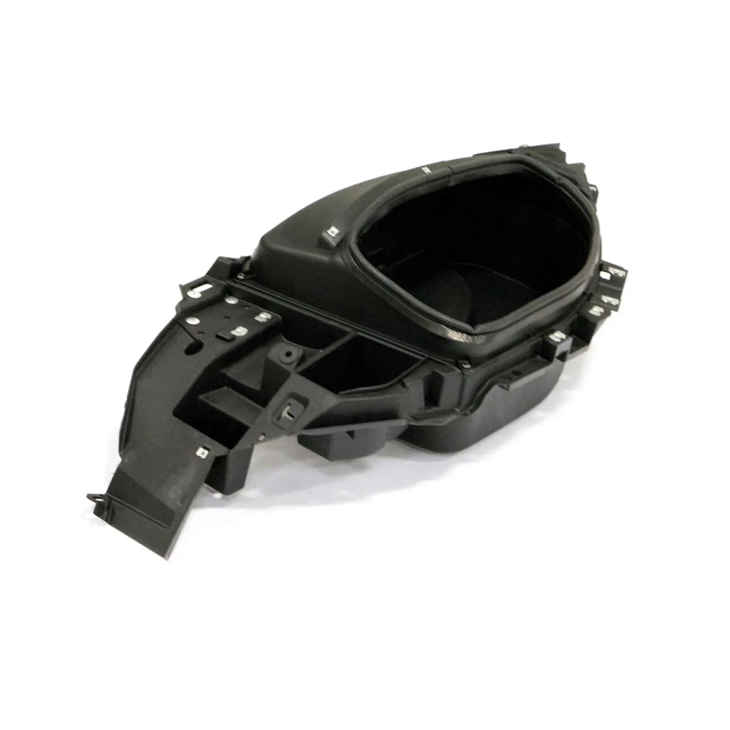 Black hard plastic right inner saddlebag bin for Victory Vision motorcycles with mounting brackets.