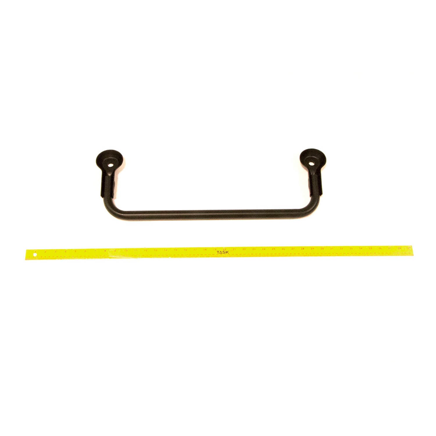 Matte black rear stabilizer bar with mounting ends, designed for Polaris RZR models, shown with yellow measuring tape.