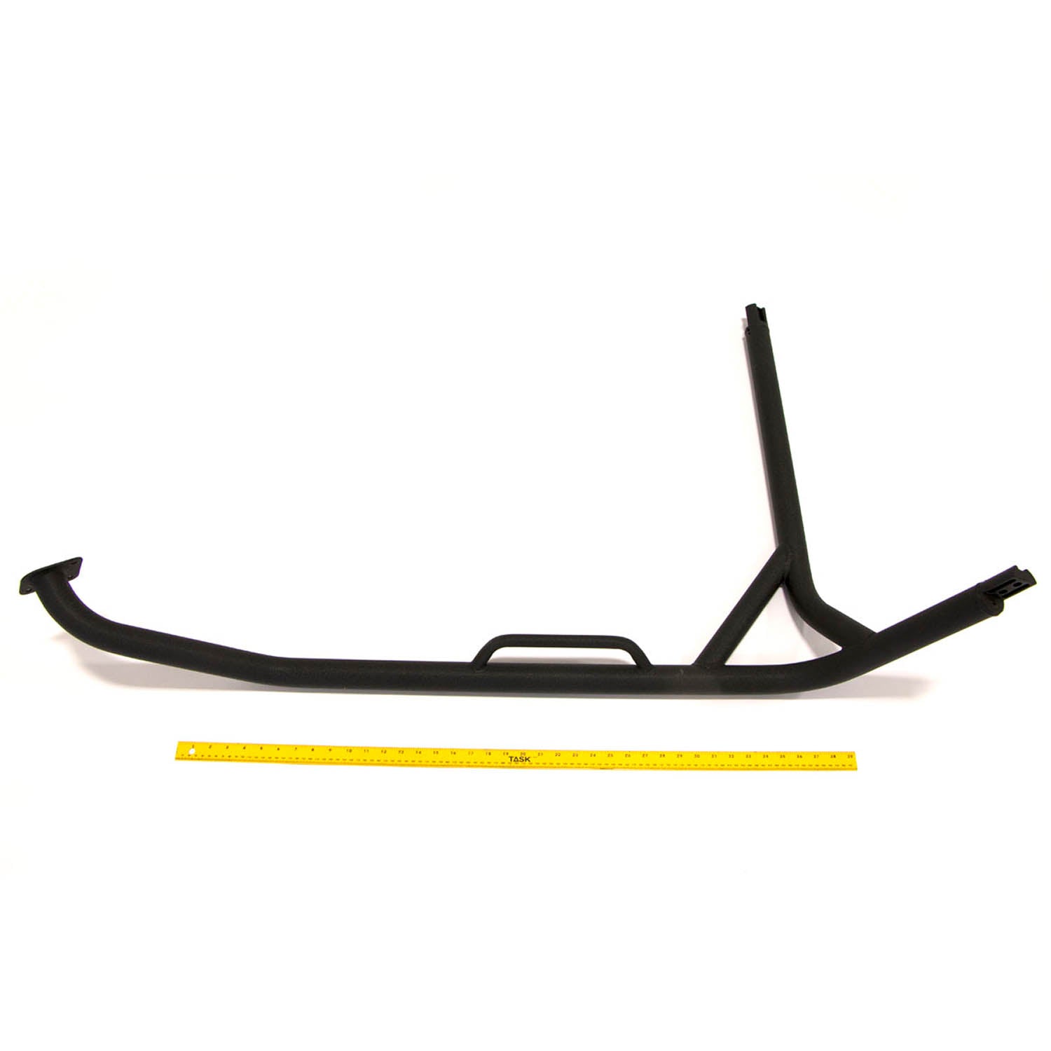 Black metal front cab frame weld for right side, tubular with angled support braces and mounting points.