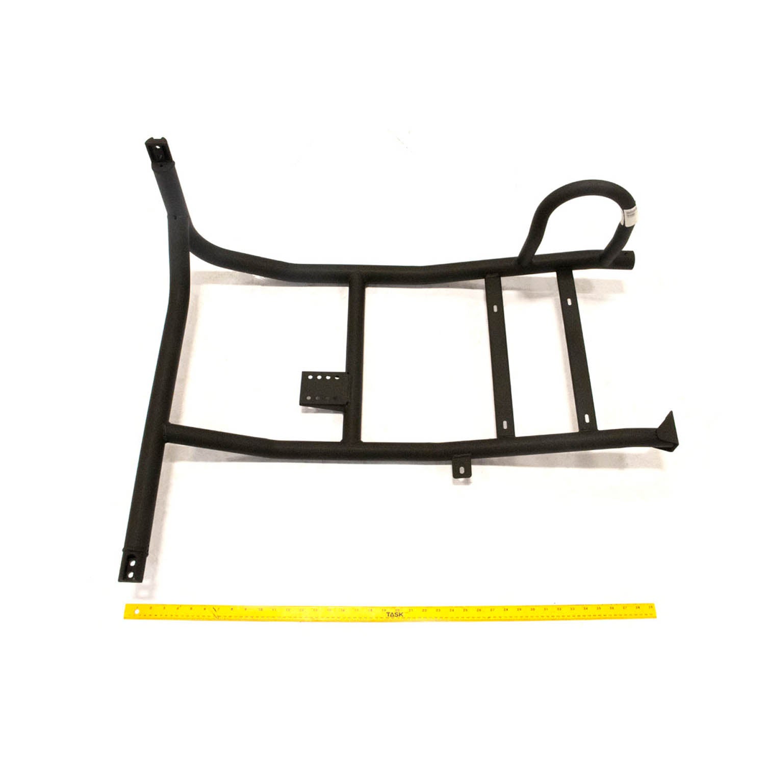 Black metal rear cab frame weld left side with multiple mounting points and curved support bar.