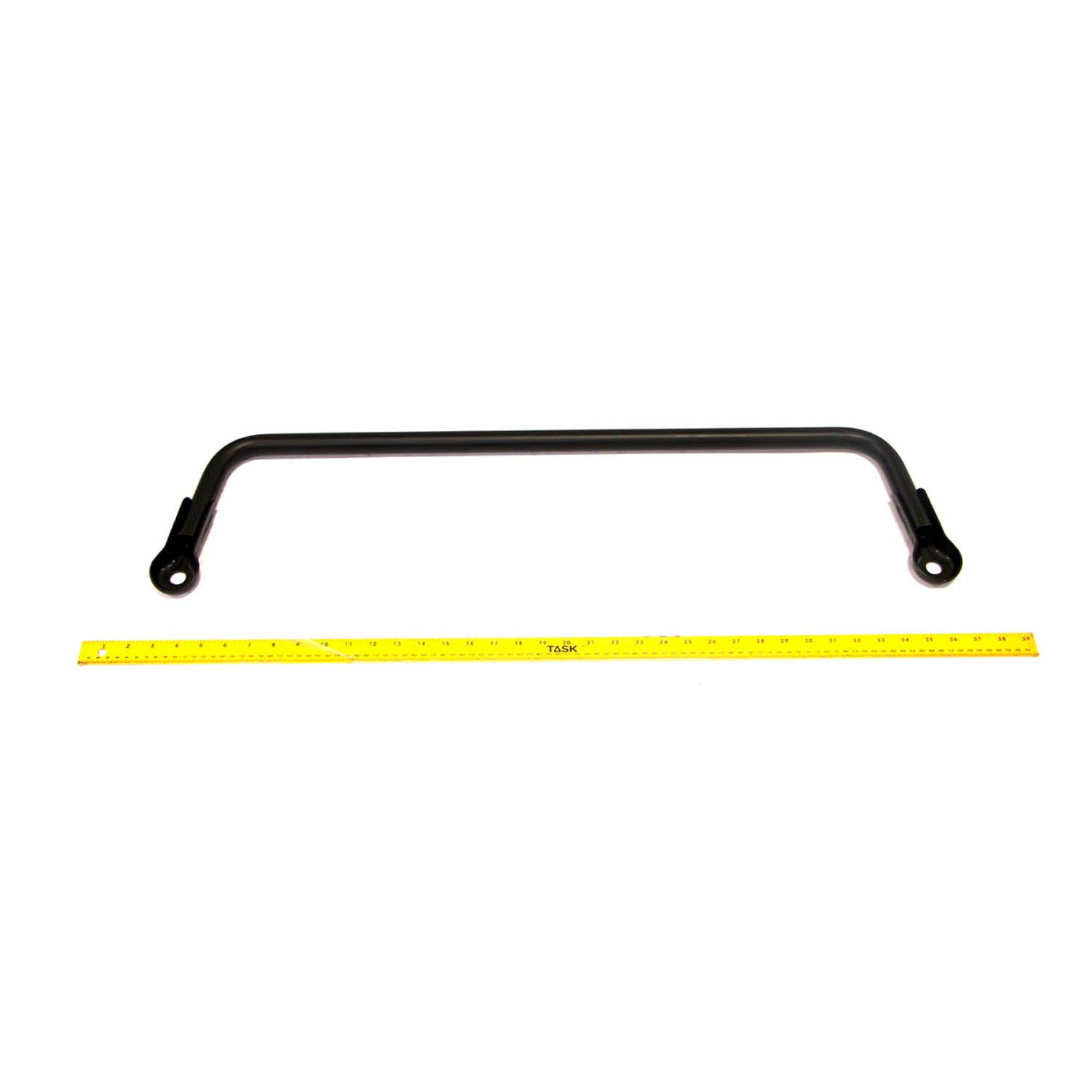 Black metal stabilizer bar with welded 1-inch diameter tubing and mounting holes on each end, shown with yellow measuring.