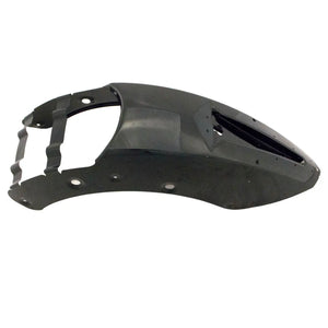 Matte black curved motorcycle rear fender with mounting holes and aerodynamic design.