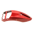Glossy red rear motorcycle fender with curved aerodynamic shape and mounting holes.