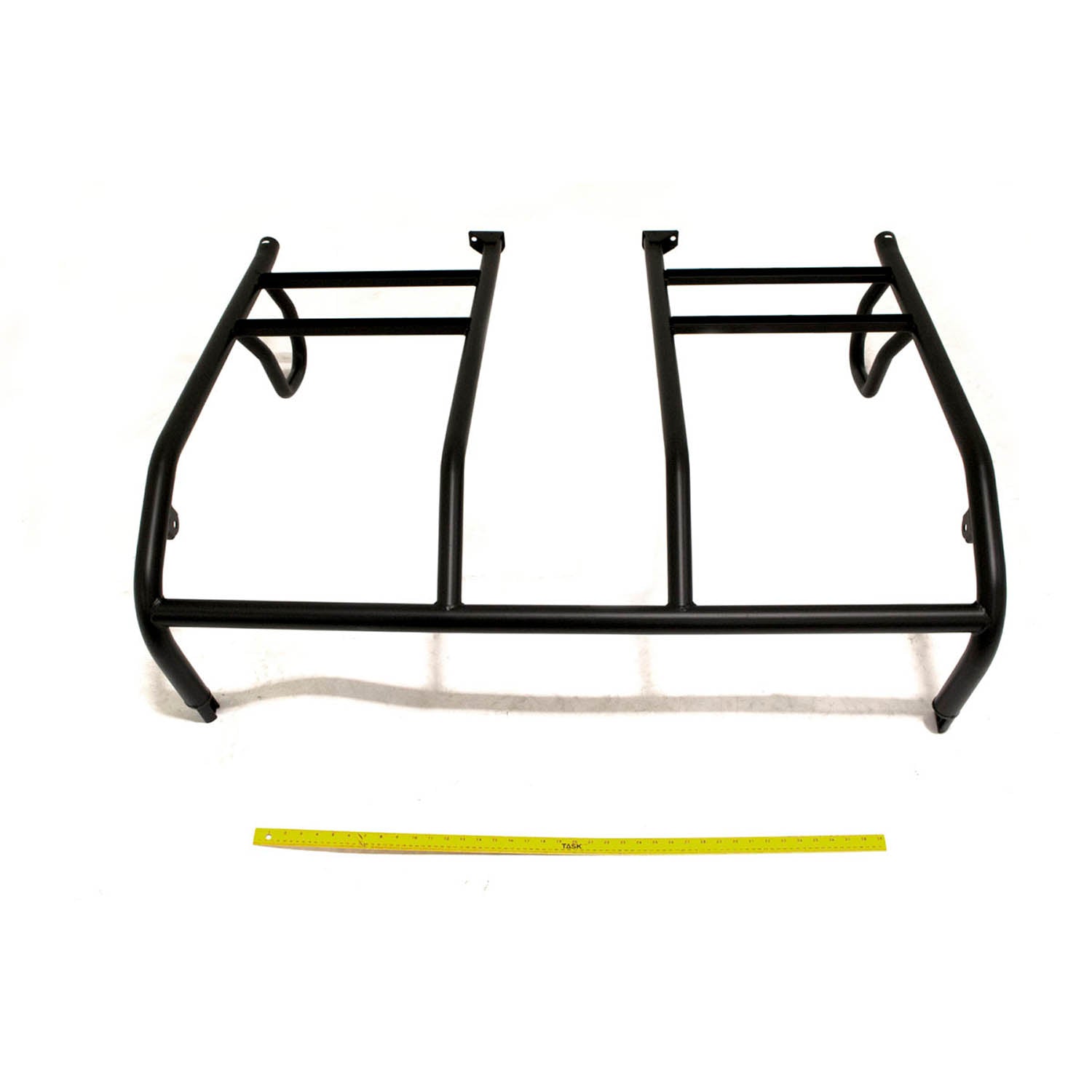 Matte black welded steel rear cab frame for Polaris UTV with angular design and mounting brackets.