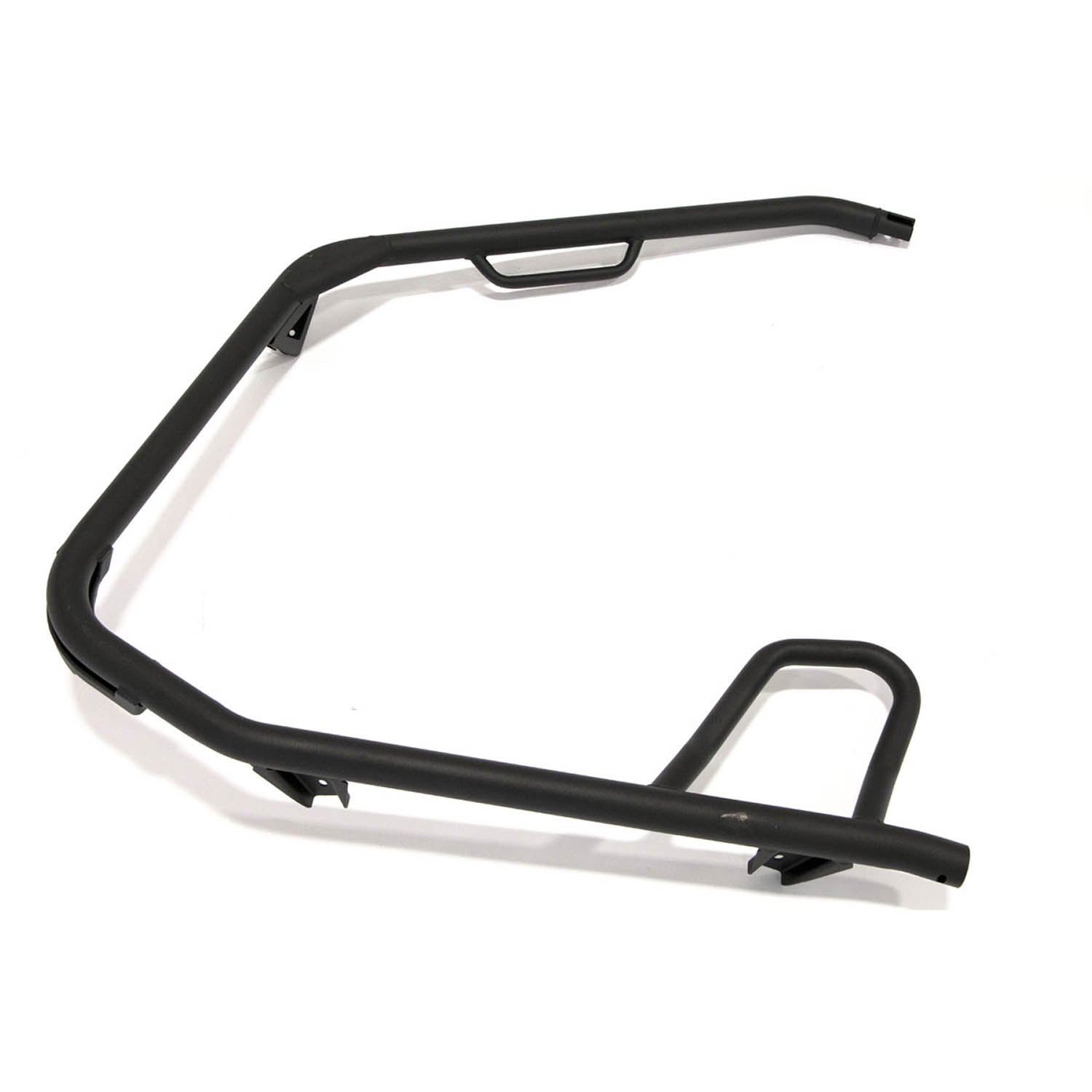 Black metal cab frame weld for front right side, angular tubing with reinforced handle grip.