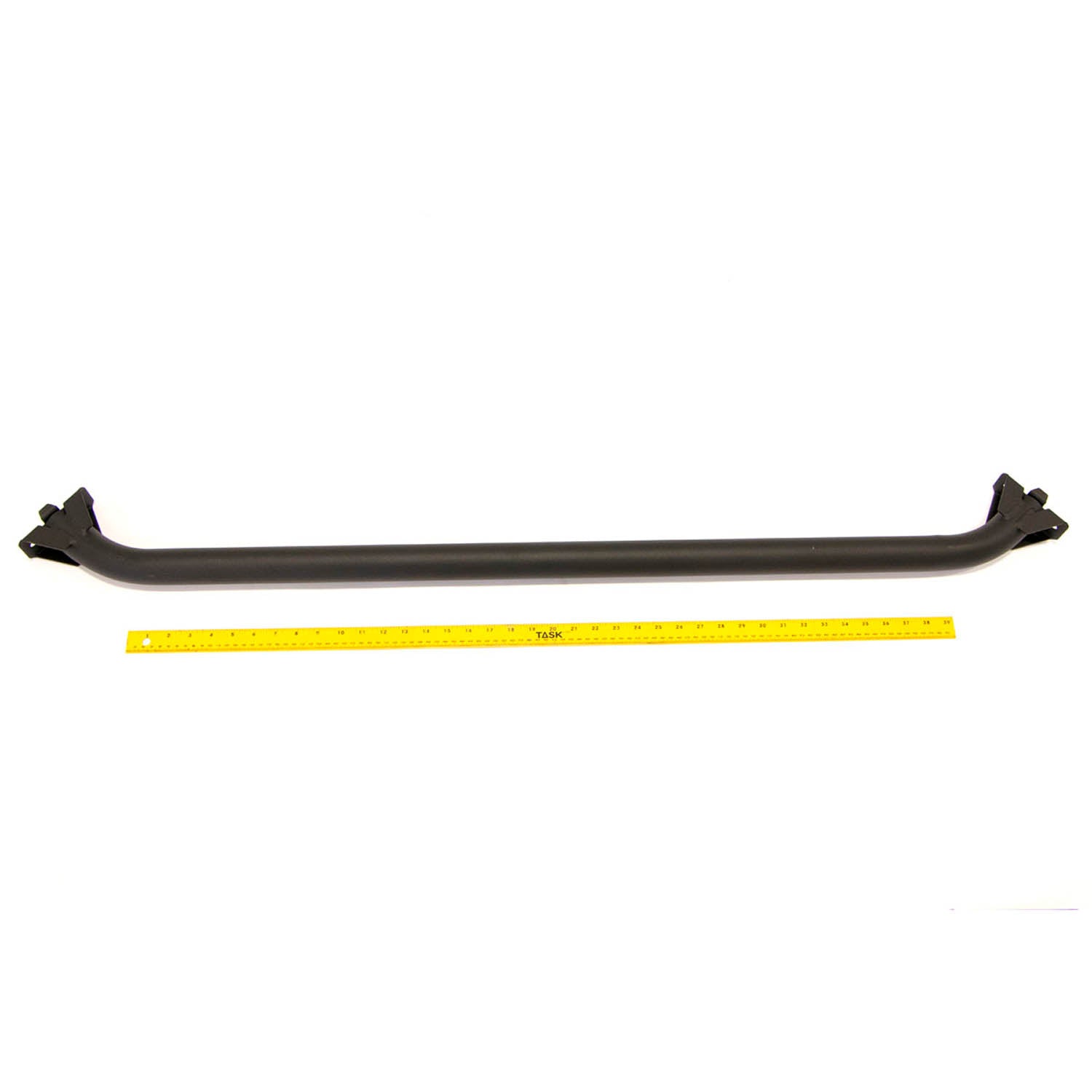 Black welded steel front cab frame bar with mounting brackets on each end and a yellow measuring tape below showing length.