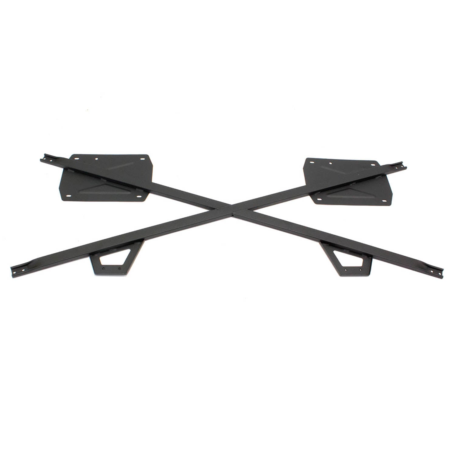Black metal cab frame crossbars with mounting plates and angular support brackets designed for Polaris UTVs.