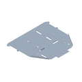 Black metal battery tray with welded tabs and multiple mounting slots designed for Polaris UTVs.