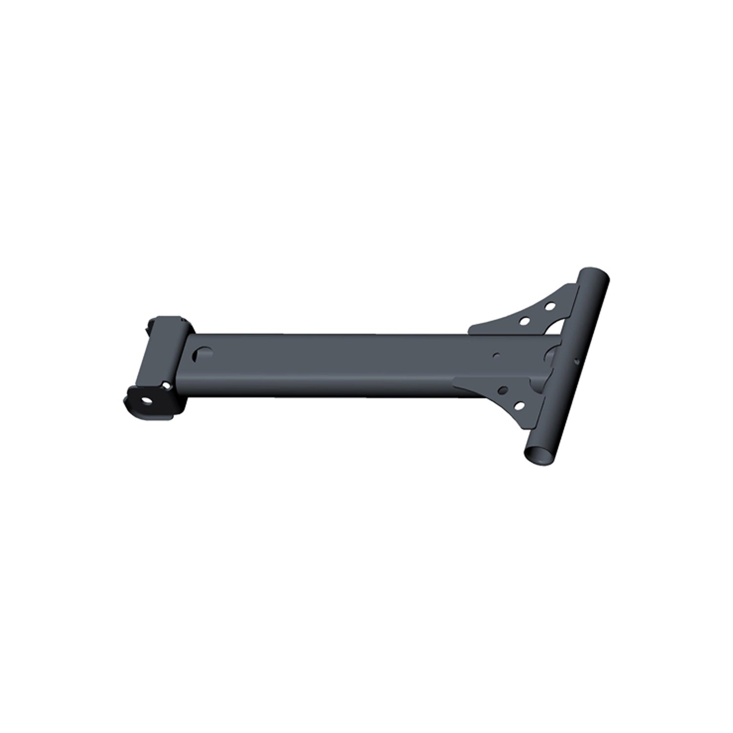 Black metal rear upper right A-arm with tubular reinforcement and mounting points.