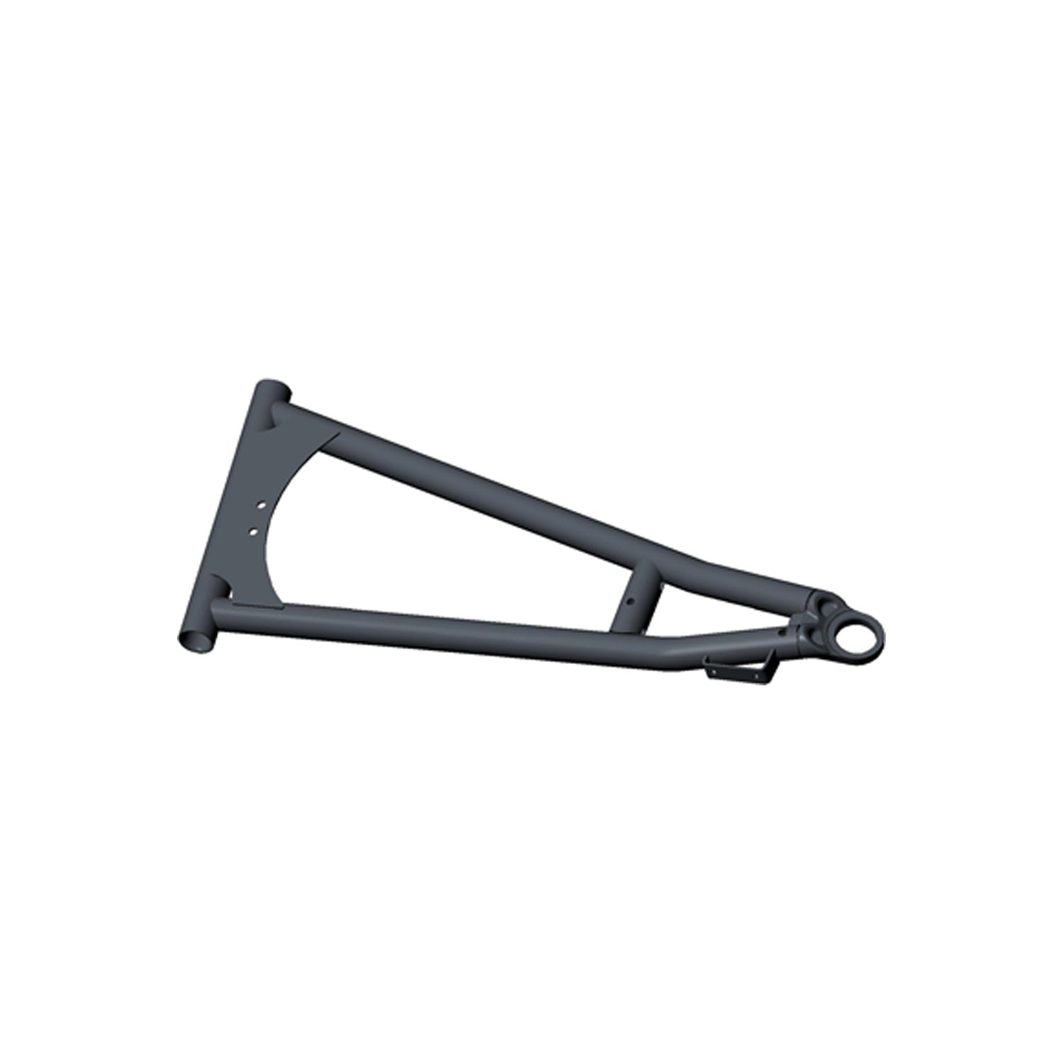 Black metal front lower right A-arm suspension component with triangular tubular frame design.