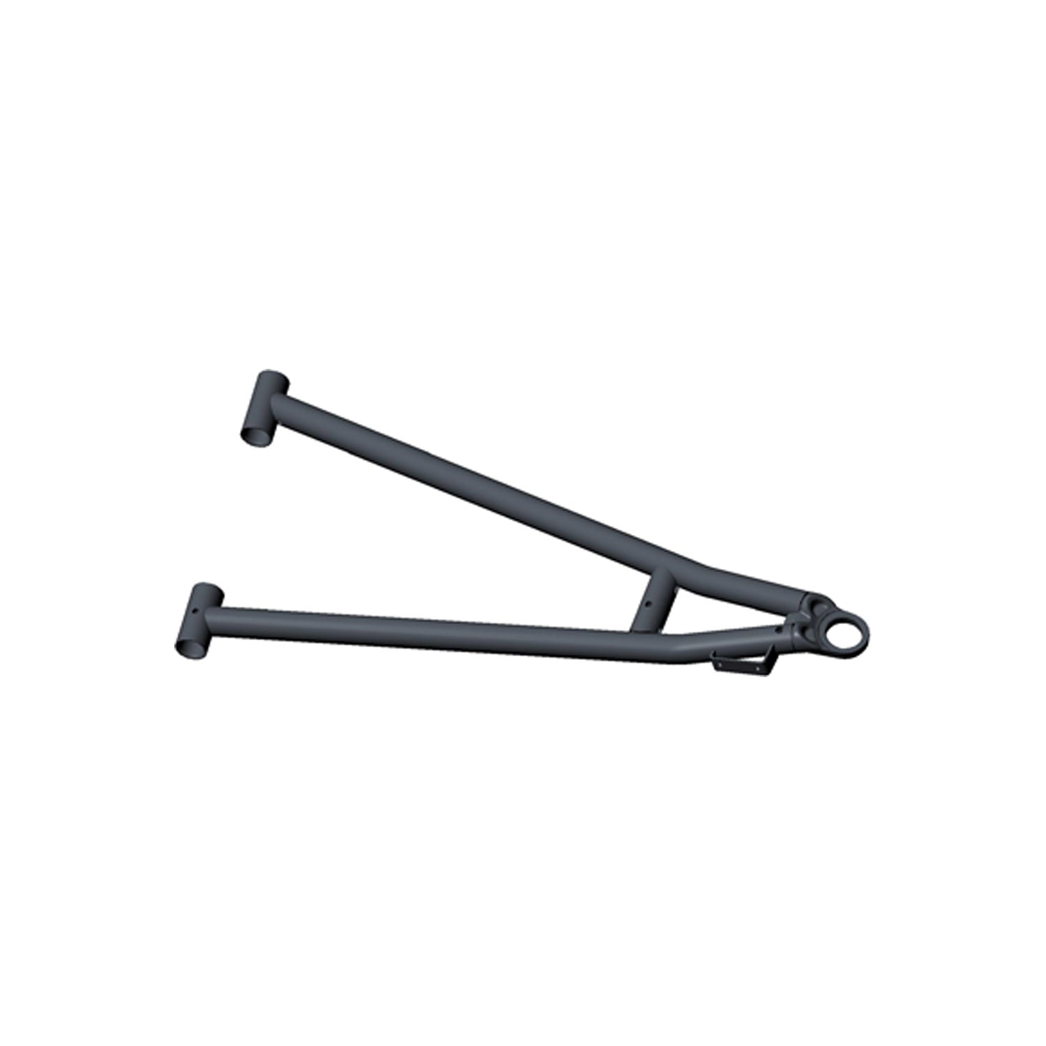 Matte black metal front lower A-arm suspension component with triangular frame and mounting points.