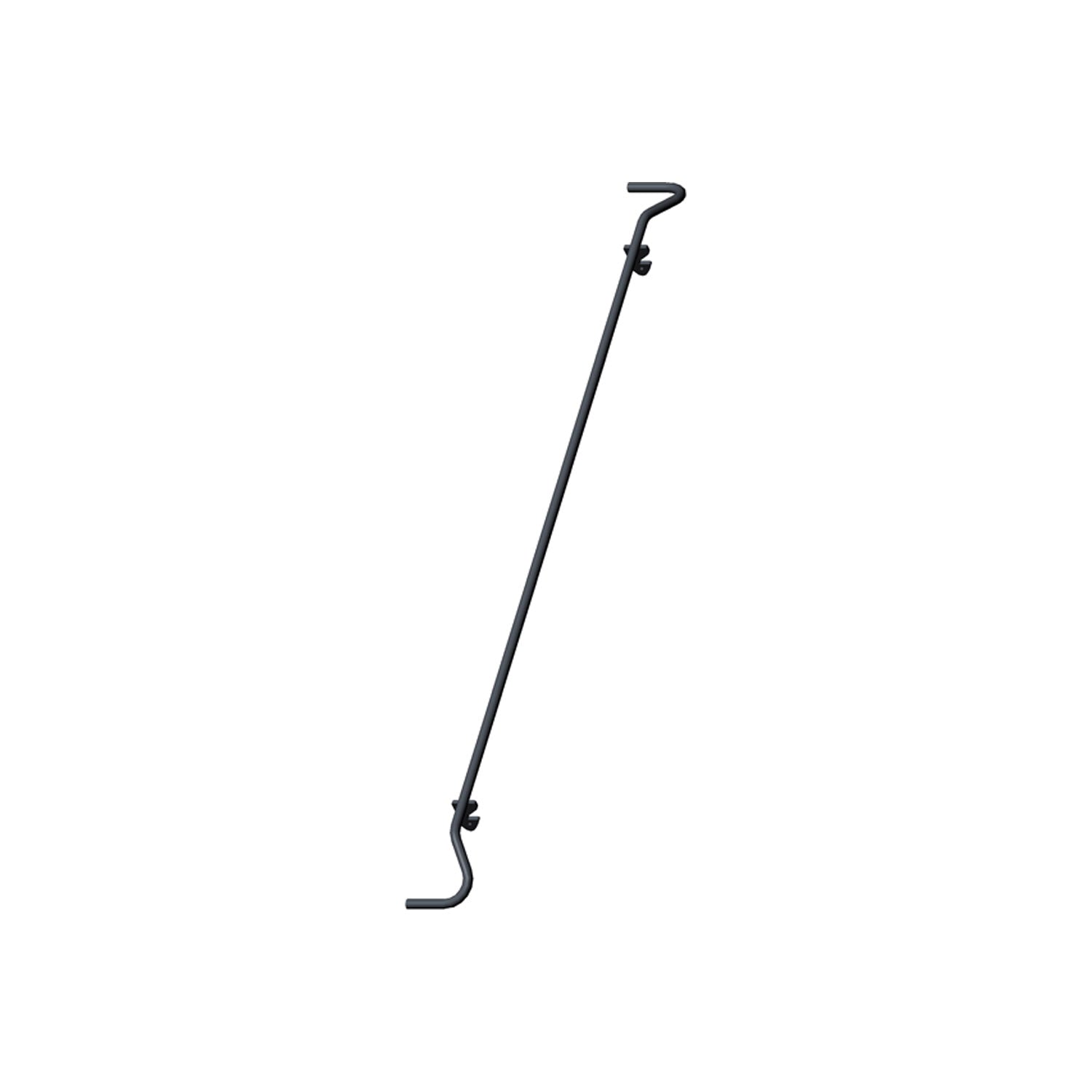 Black metal box latch rod with curved hook ends and adjustable clamp mechanisms.