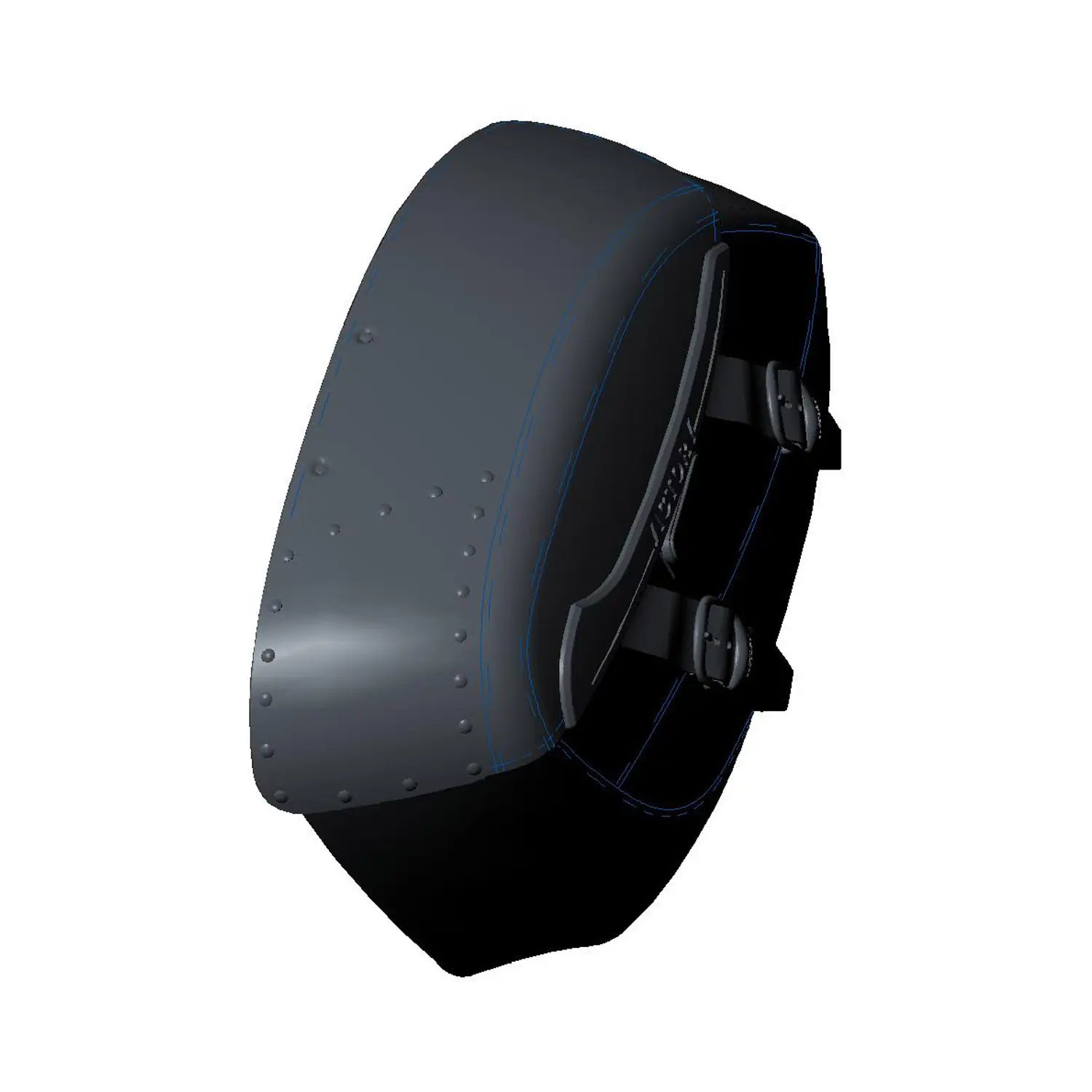 Black soft saddlebag with white stitching and two adjustable side straps, curved design.