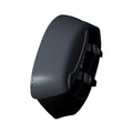 Black soft saddlebag with white stitching and two adjustable side straps, curved design.