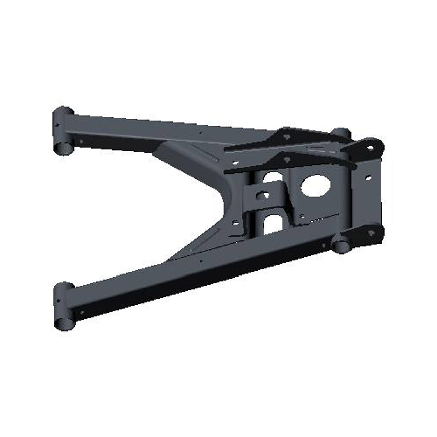 Black metal rear lower A-arm with reinforced triangular design and mounting points for Polaris UTV.
