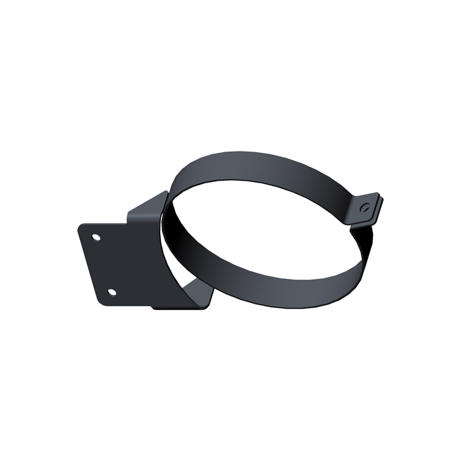 Black metal airbox mounting bracket with circular clamp and flat base plate with screw holes.
