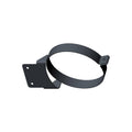 Black metal airbox mounting bracket with circular clamp and flat base plate with screw holes.