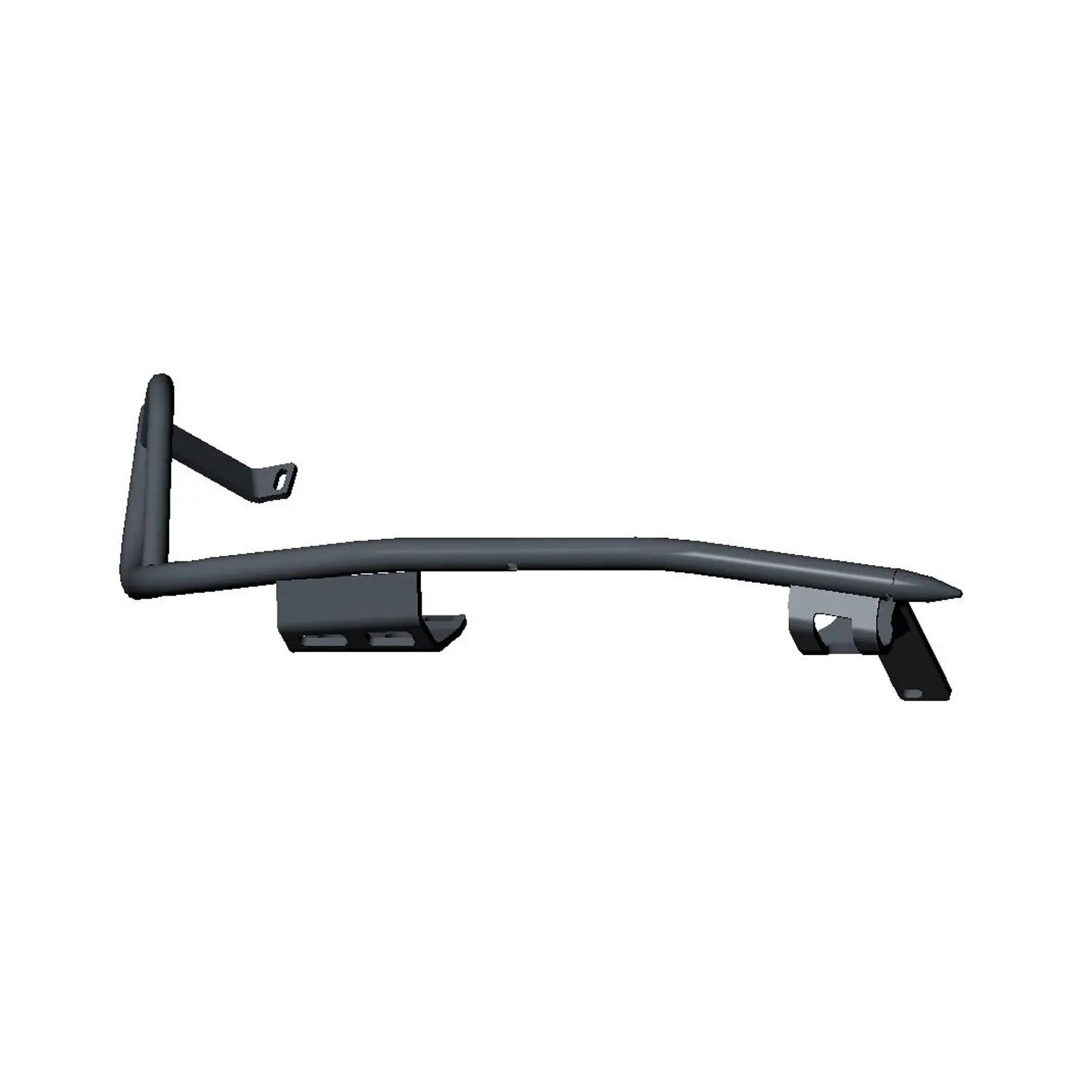 Matte black metal saddlebag bumper with angular mounting brackets for left side of motorcycle.