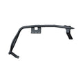 Right-side black metal saddlebag bumper with mounting brackets for motorcycle.