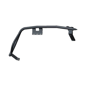 Black metal saddlebag bumper with mounting brackets, designed for right side motorcycle fitment.