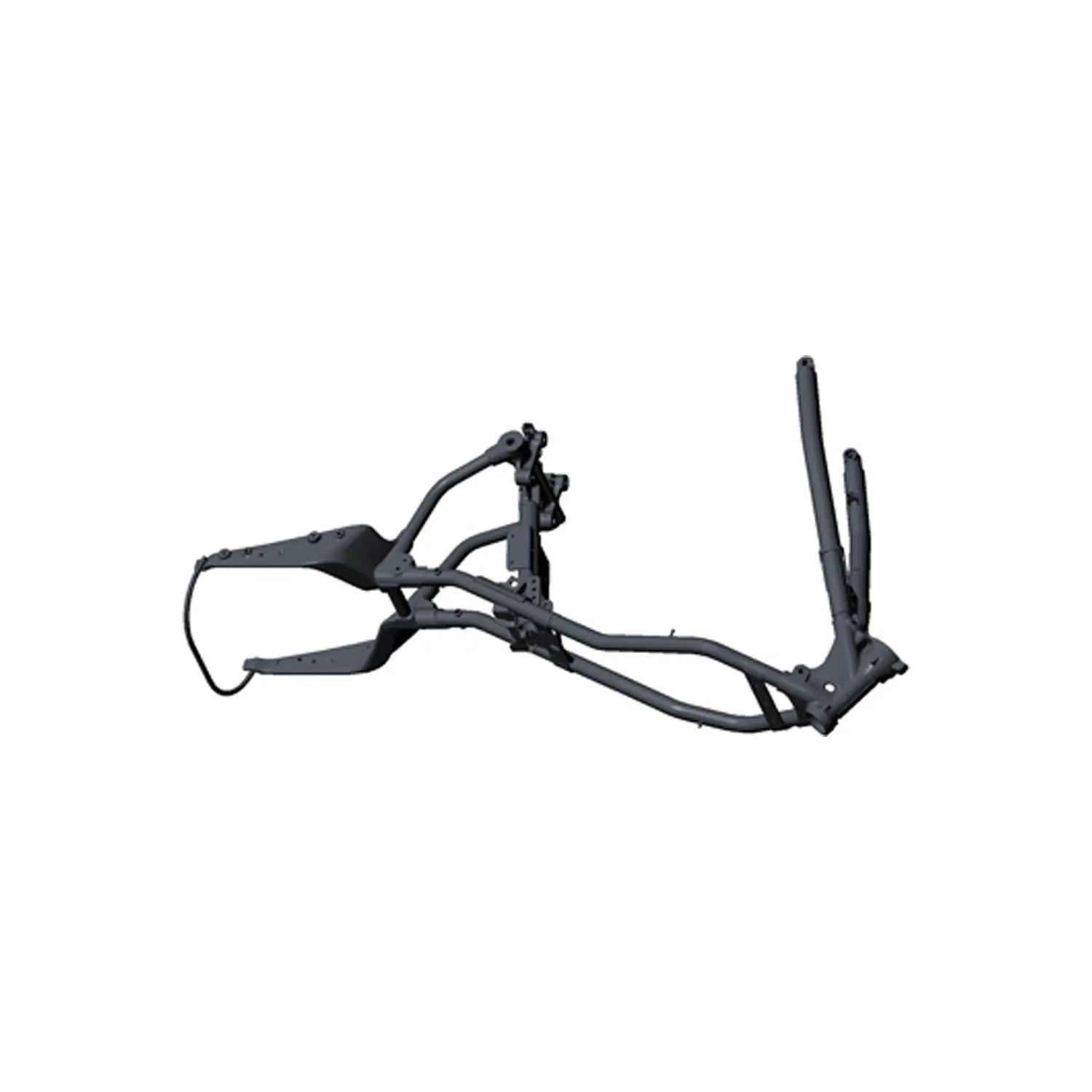 Black metal motorcycle main frame with tubular structure and mounting points.