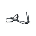 Black metal motorcycle main frame with tubular structure and mounting points.