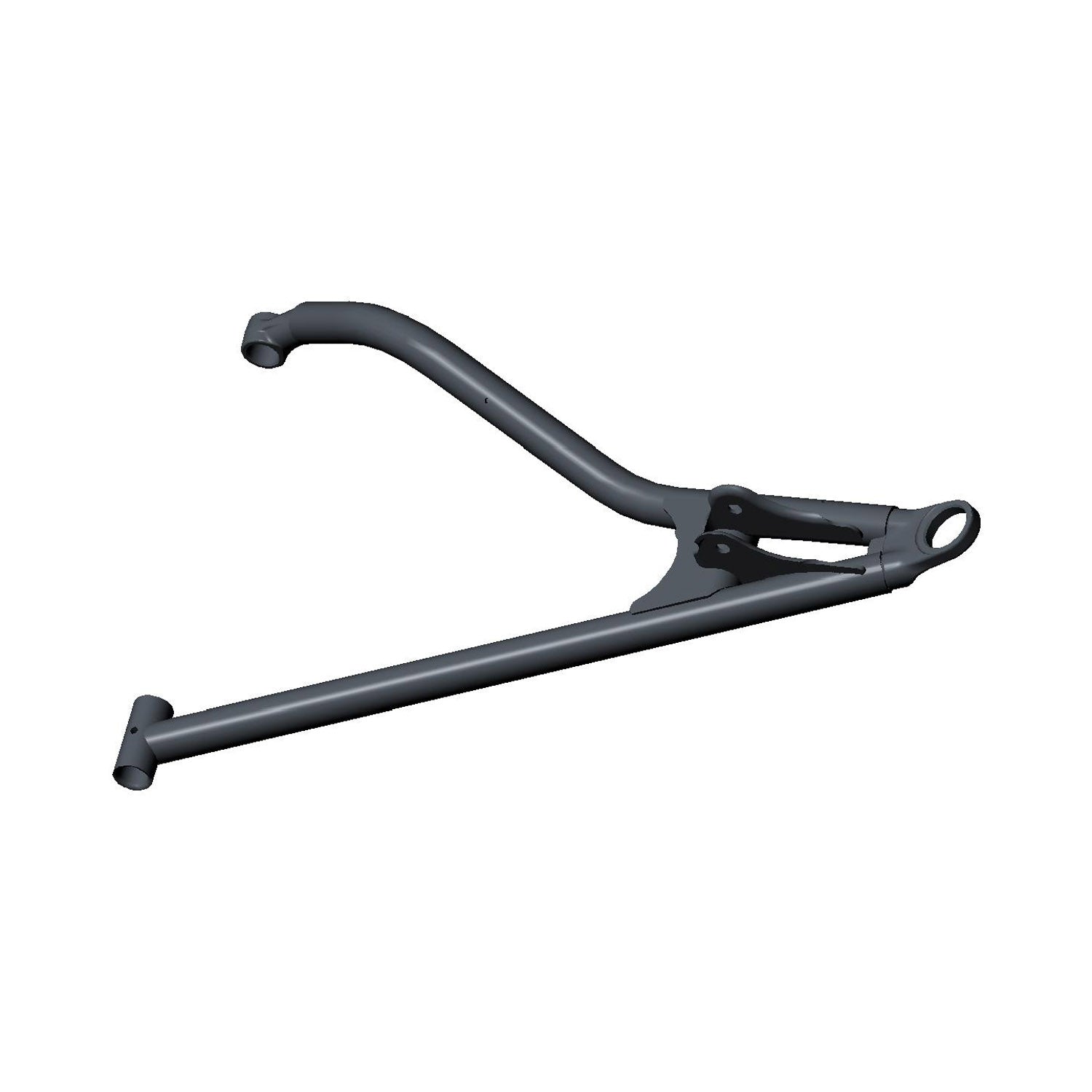 Black metal front upper left A-arm with smooth tubular design and mounting holes for Polaris UTV.